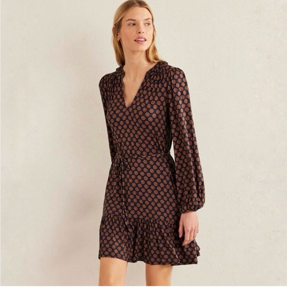 Boden Bell Sleeve Viscose Jersey Ruffle Dress Sunflower Geo Comfy Preppy Soft